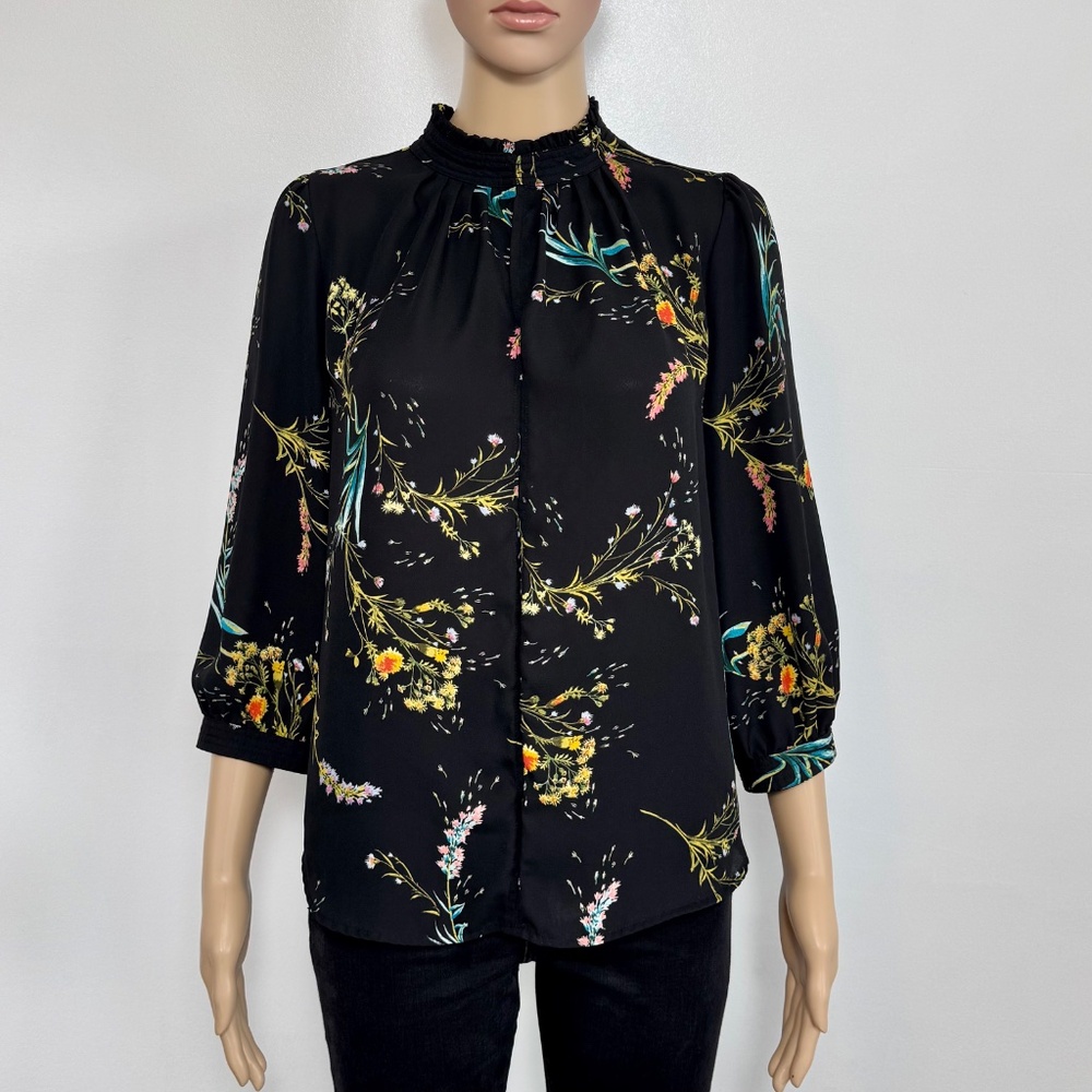 Worthington Black Floral Pullover Blouse 3/4 Sleeve Stand-up Collar, Petite M